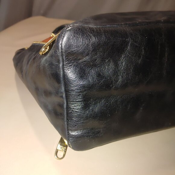 Badgley Mischka Expandable Black Leather Bucket Bag Tote Shopper Mayra Shine - Picture 9 of 16